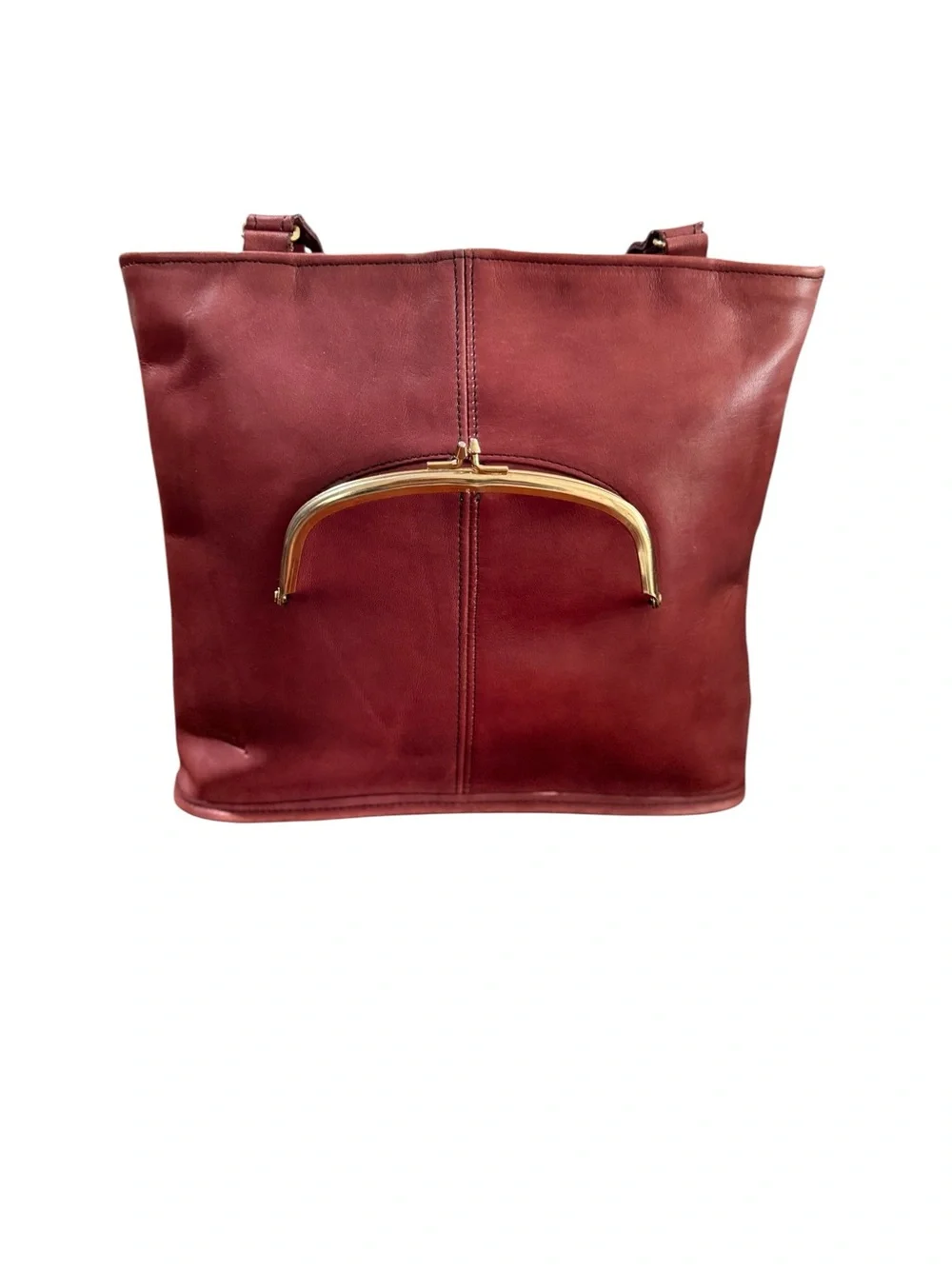 Vintage Leather Tote Oxblood Shoulder Purse Gold Accent Kiss Lock Frame Bag - Picture 4 of 13